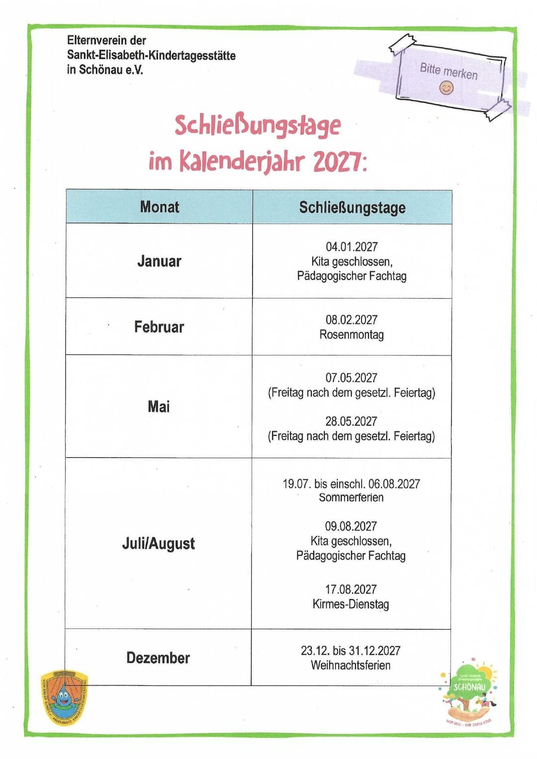Aushang des Elternvereins mit der Übersicht der Schließungstage im Kalenderjahr 2027, versehen mit einem Bitte-merken-Zettel